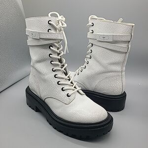Tory Burch Logo T Hardware Belted White Crackle Combat Boots Size 6.5 New $448